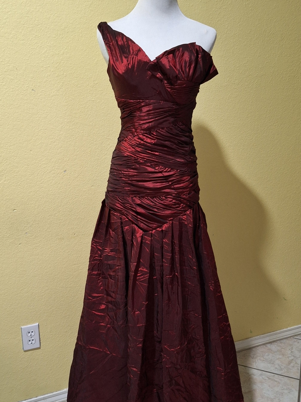 Vintage One-Shoulder Ruby Red Mermaid Gown, Sz. 2